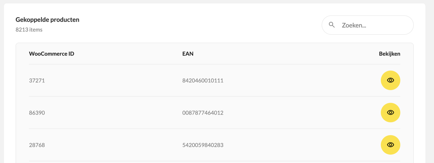 Overzicht van gekoppelde producten in BolSync, met per regel het WooCommerce-ID naast de bijbehorende EAN-code en een zoekveld om gericht op een code te zoeken.