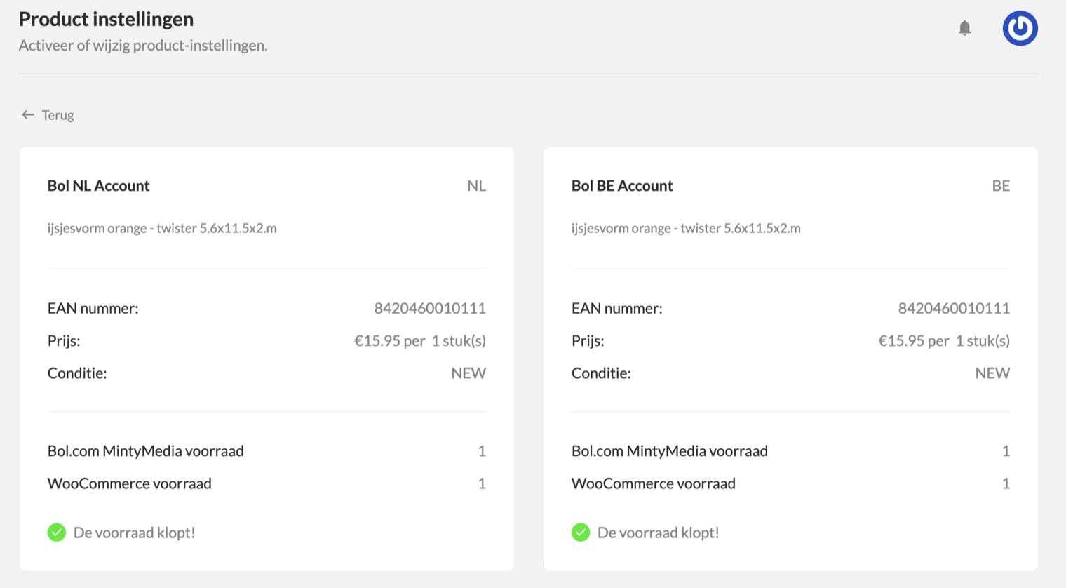 Productinstellingen in BolSync met naast elkaar een Bol NL- en Bol BE-account. Per account staan EAN, prijs en conditie, met daaronder de Bol.com-voorraad naast de WooCommerce-voorraad en de bevestiging dat de voorraad klopt.